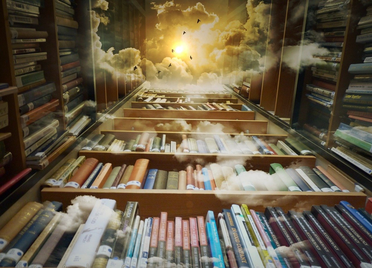 A book shelf stretches up into the clouds with the sun visible at the top.