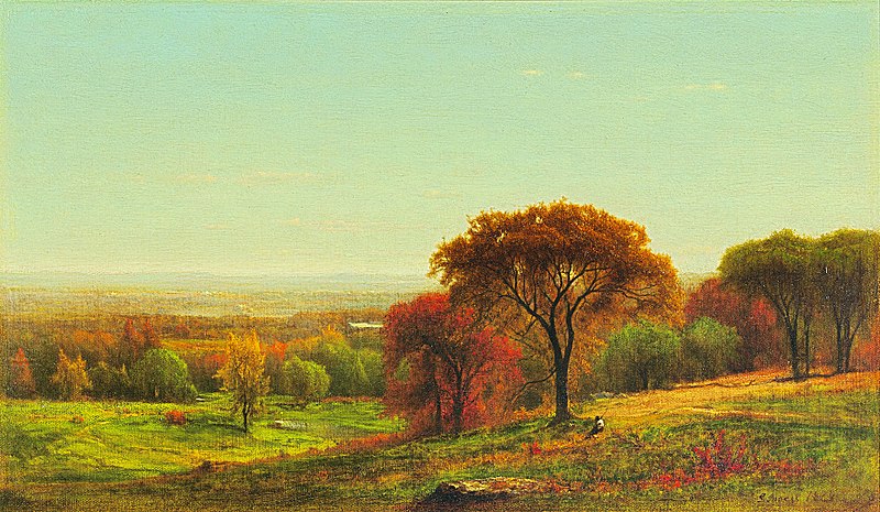 An oil painting of trees on a rolling hill in autumn. 