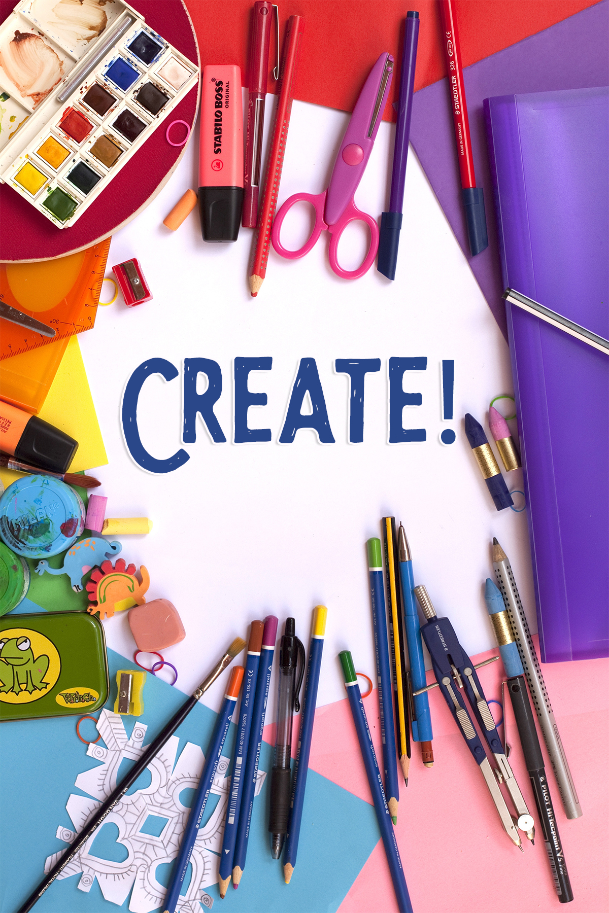 Colorful paints and tools surround the word 'create!'. 