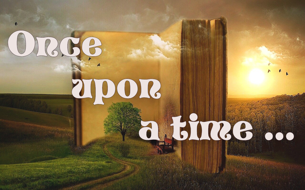 An open book in a fantasy setting with the words 'Once Upon a Time...' in front of it. 