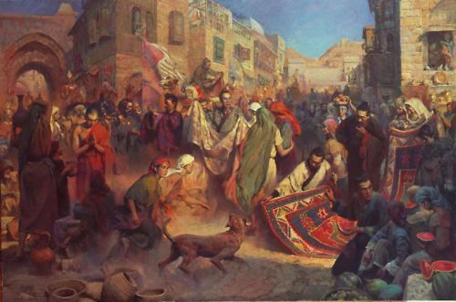 painting of a silk road marketplace