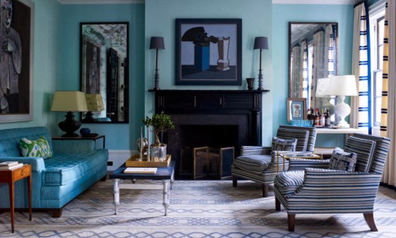 a room decorated in shades of blue