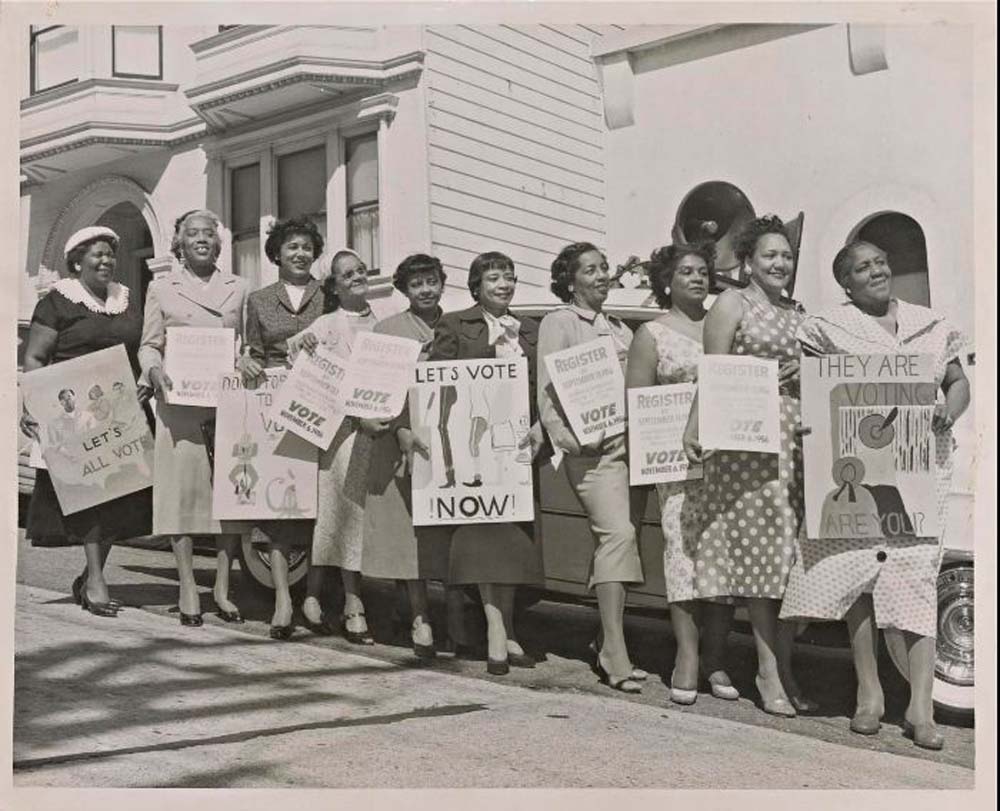 Women activists with signs for registration, 1956 Collection of the Smithsonian National Museum of African American History and Culture, Frances Albrier Collection. © Cox Studio