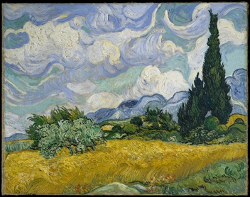 a van gogh painting of a golden field with green trees and a dreamy blue and white sky