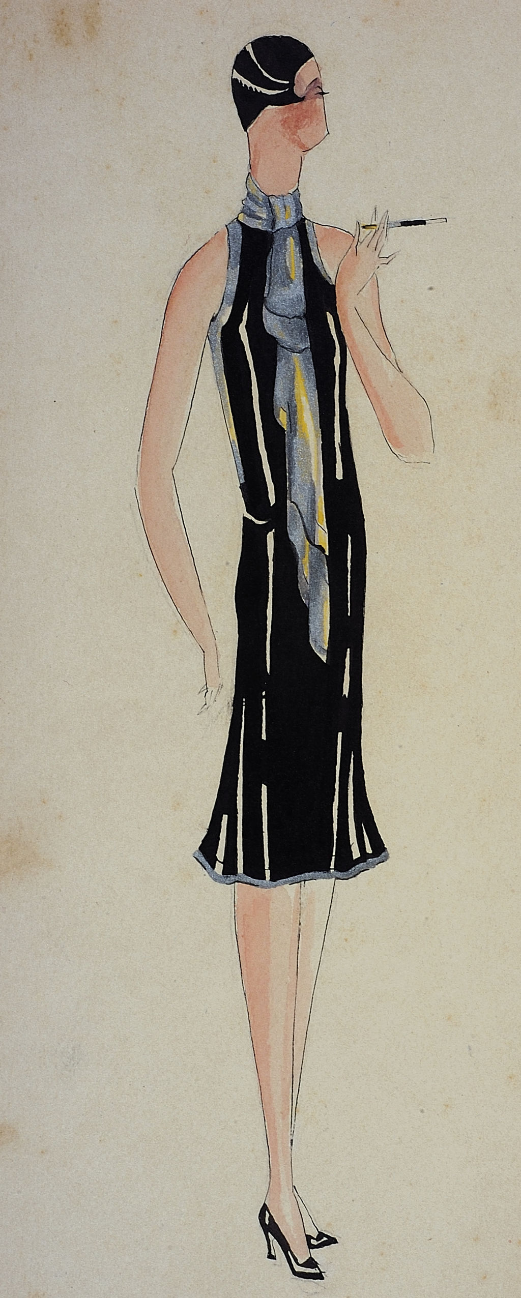 a fashion sketch of a model wearing a twenties style black dress
