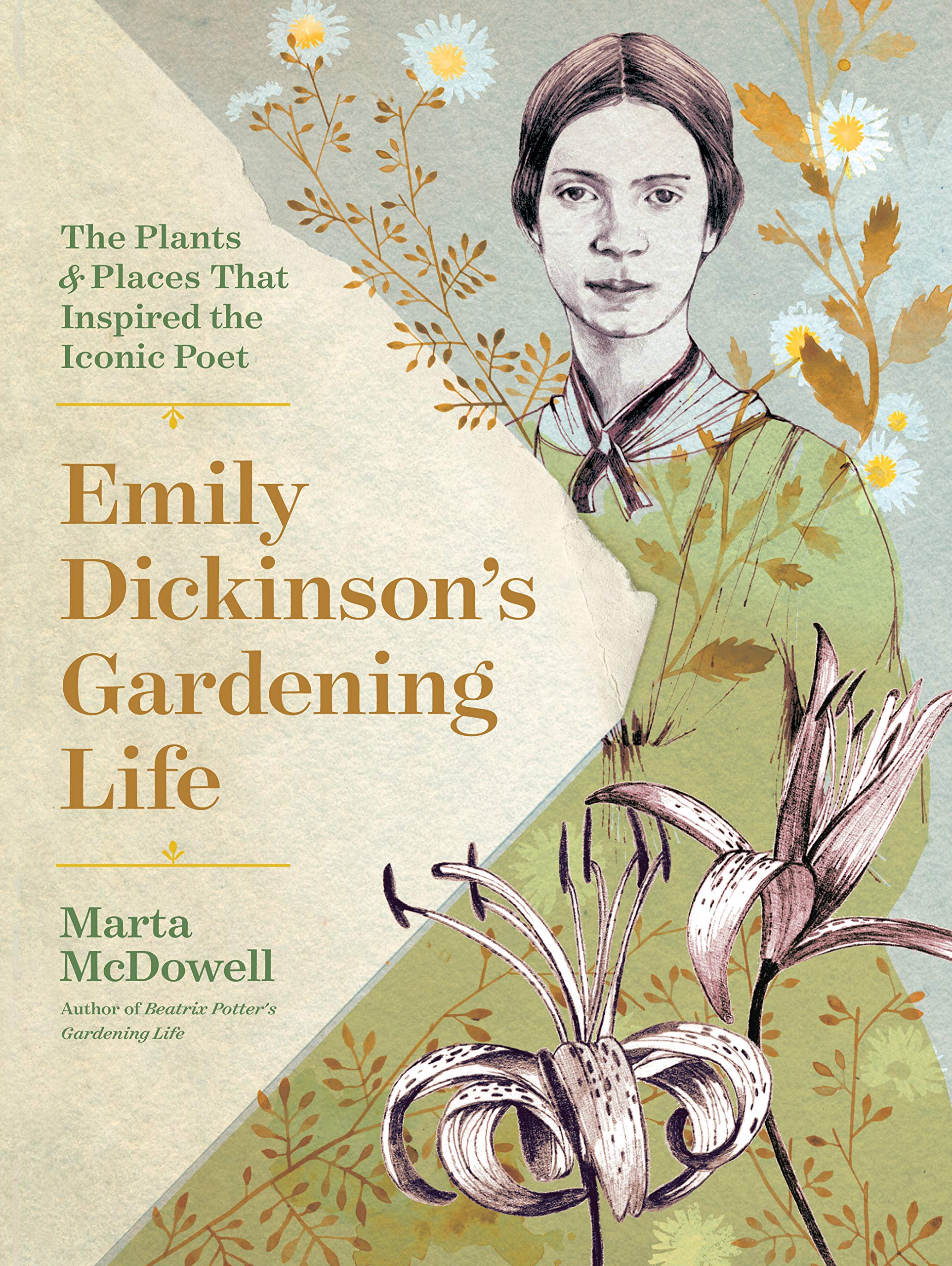 Book cover with a colored line illustration of Emily Dickinson with the title 'Emily Dickinson's Gardening Life' by Marta Mcdowel