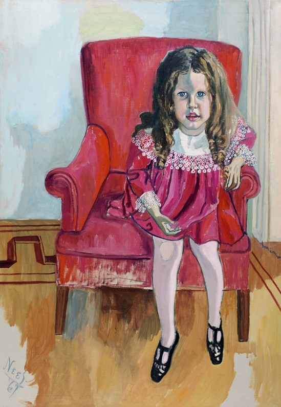 Portrait of a young girl in a red dress sitting in a red armchair