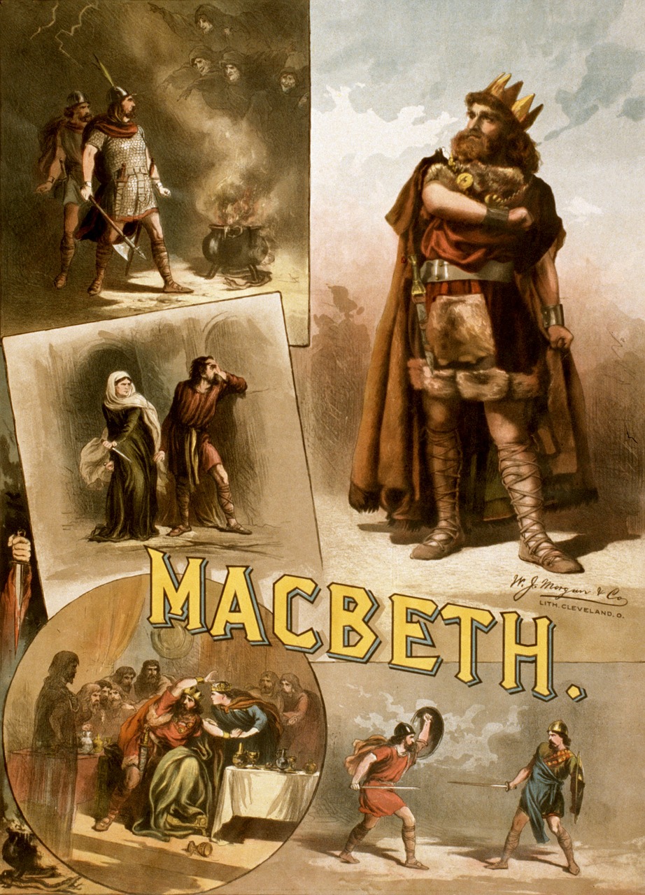 a vintage poster for macbeth with colored line drawings of the actors 