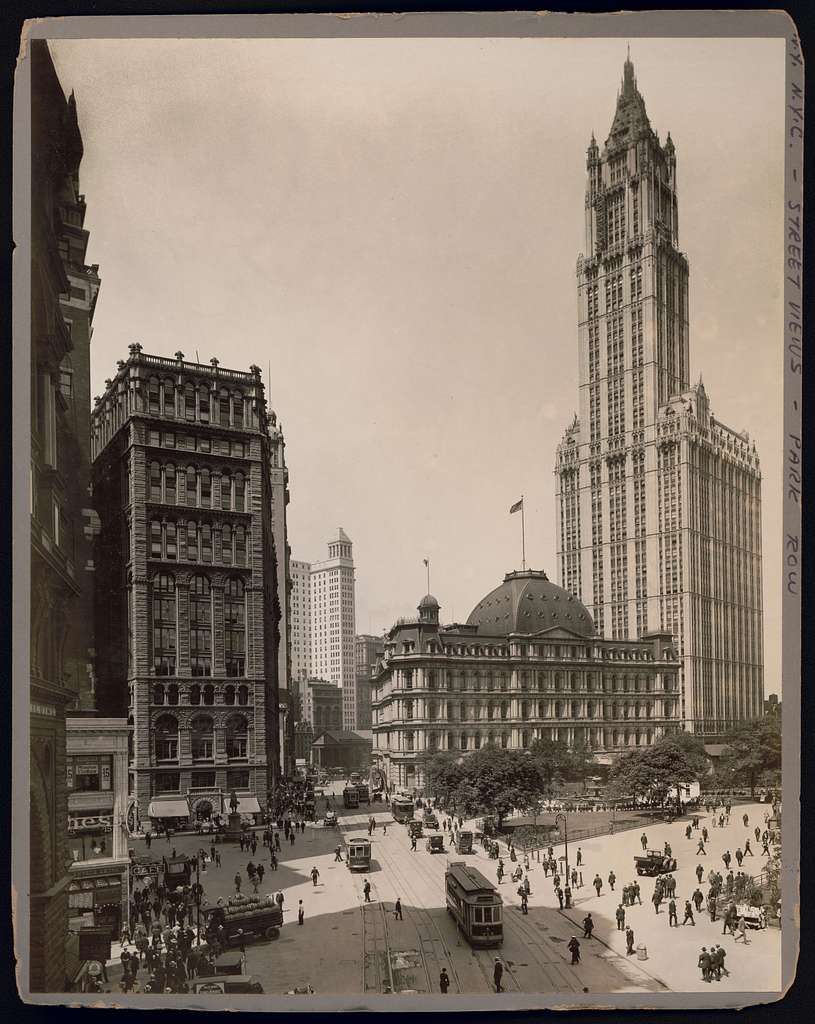 park-row-looking-south-toward-old-city-hall in new york city 