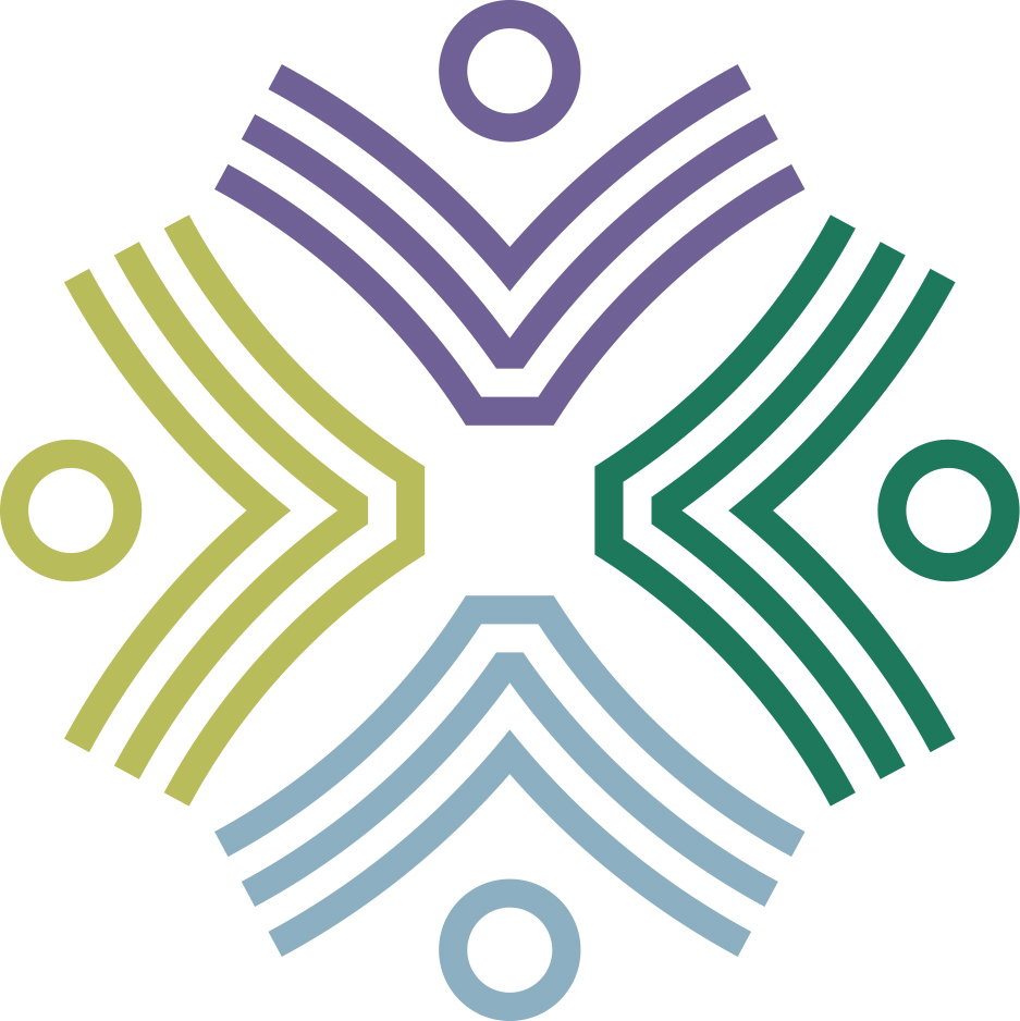 Library's logo: purple, green, light blue and green abstract readers arranged in a circle 