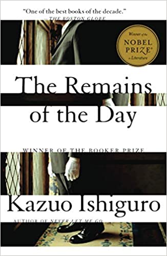 Book cover with an image of a window, in white stripes and black font the title 'Remains of the Day' and the author name Kazuo Ishiguro is written out