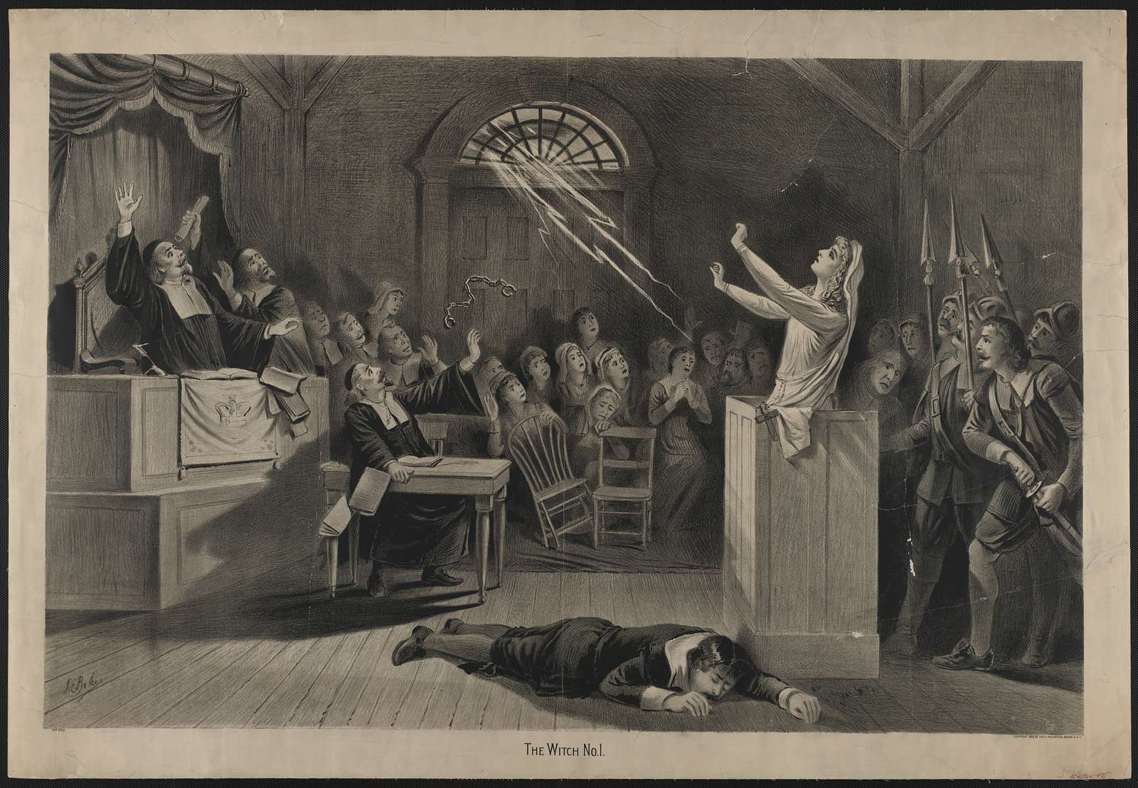 woodcut image of a trial, one person lies on the floor in front of another who stands behind a podium arms raised towards the judges. There is a crowd of onlookers in the background. 