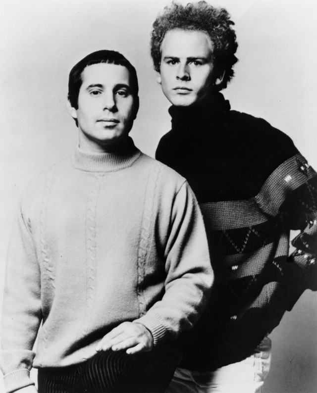 Black and white portrait of Paul Simon and Art Garfunkel 