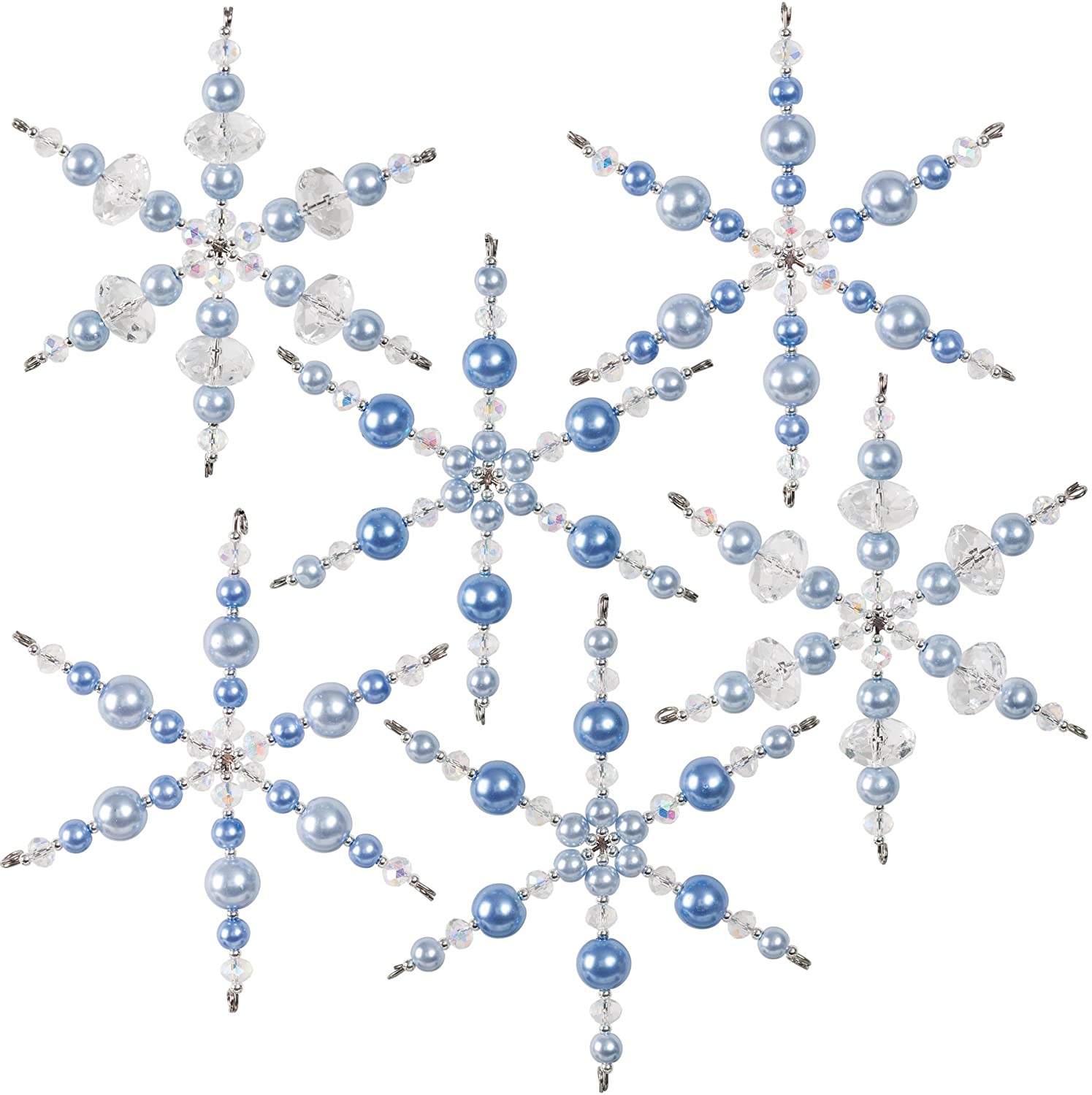 Six ornaments each with six prongs strung with clear, silver and blue beads 