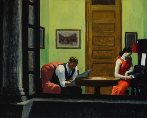 oil painting by Edward Hopper titled "A Room in New York". It depiects two people in a room as seen through an open window. A man sits in a chair reading a newspaper and a woman faces a piano with one hand on it. 