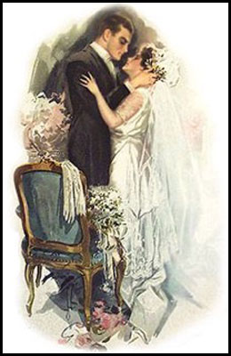 Vintage color drawing of a man and a woman dressed in a suit and a long white gown respectively. The couple embraces as if about to kiss. 