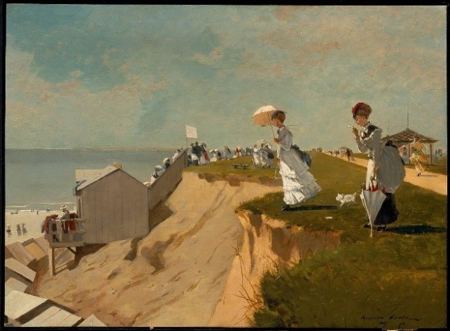 Oil painting of a cliff over a beach with several figures in Victorian dress overlooking the edge and a calm sky behind them