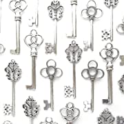 Silver antique skeleton keys arranged on white background