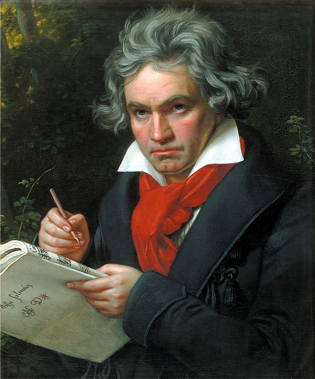 Oil painting portrait of Beethoven, he holds a pen over pages of music and wears a bright red cravat. 