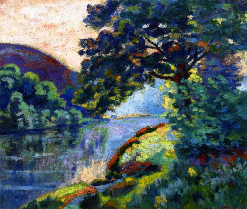 Oil painting in an impressionist style, dramatic colors, a tree on a hill bending over a river with an opposing mountain visible. Called Echo Rock by Armand Guillauman