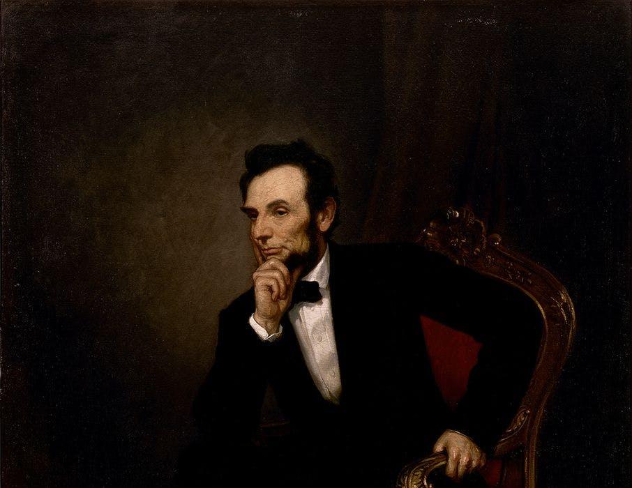 Oil painting portrait of Abraham Lincoln in the classic thinker pose. 