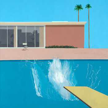 Painting of a pool with a yellow diving board, a modern rectangular house and two tall palm trees in the background