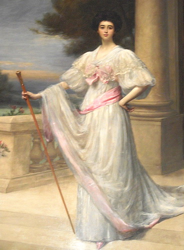oil painting of a young woman in a white dress with pink accents on a roman-esque patio holding a staff 