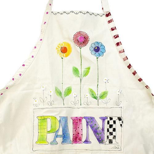 color photo of a white apron with three flowers and the word 'paint' painted on to the front 