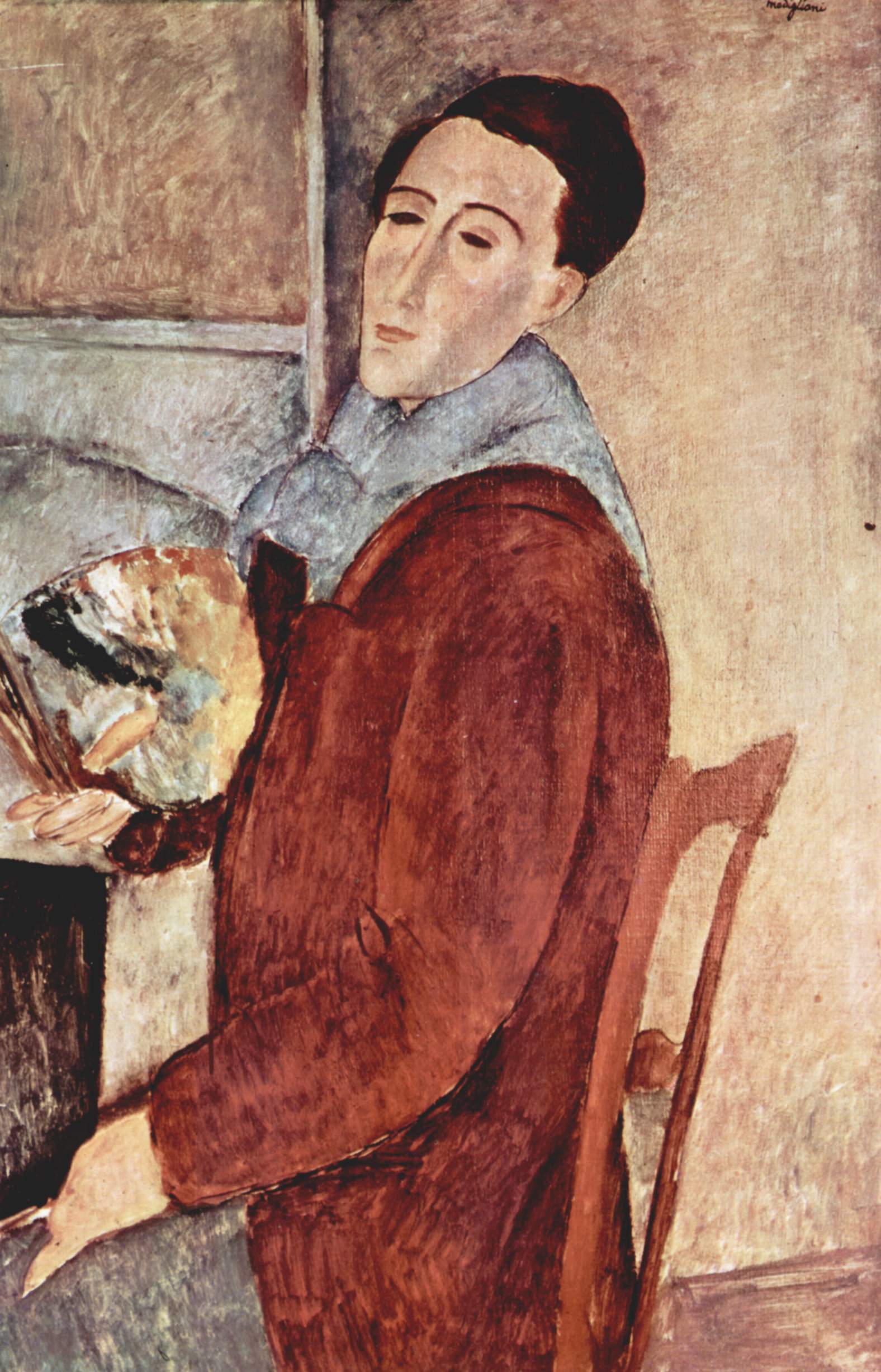 Painting depicting the artist at a drafting table in a red jacket, gray scarf. 