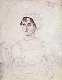 A sketch of Jane Austen, she sits and looks away from the viewer, only her hair and face have any color