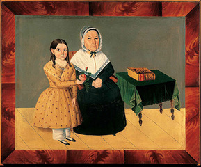 painting by anna gould crane of a young woman holding an older woman's arm in front of a piano
