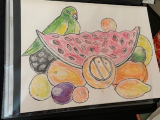Colorful drawing of many kinds of fruits with a slice of watermelon in the center 