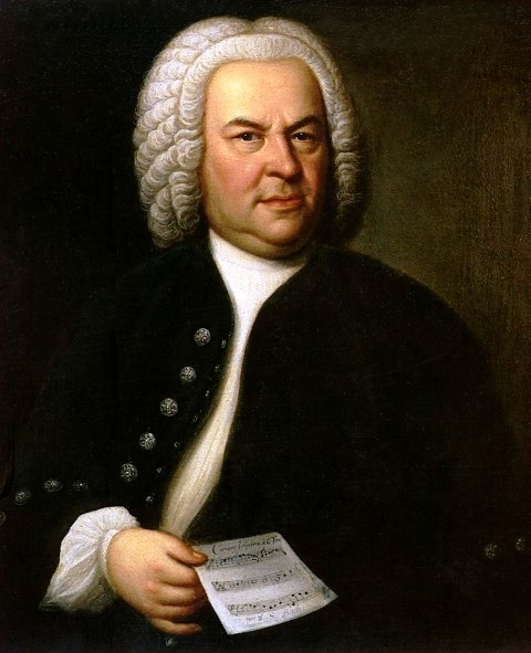 oil painting of Bach, facing the viewer, but looking off to the side, he's holding a handful of musical notes. 