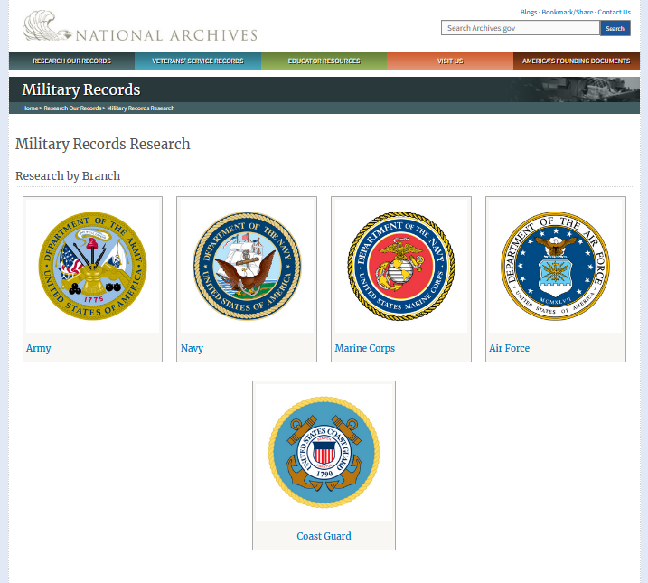 The NARA website featuring the insignias of the U.S. military branches.