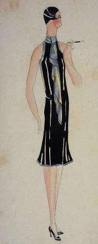 a fashion sketch of a model wearing a twenties style black dress