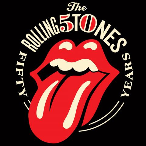 Mouth with a tongue sticking out logo that reads 'Rolling Stones' 