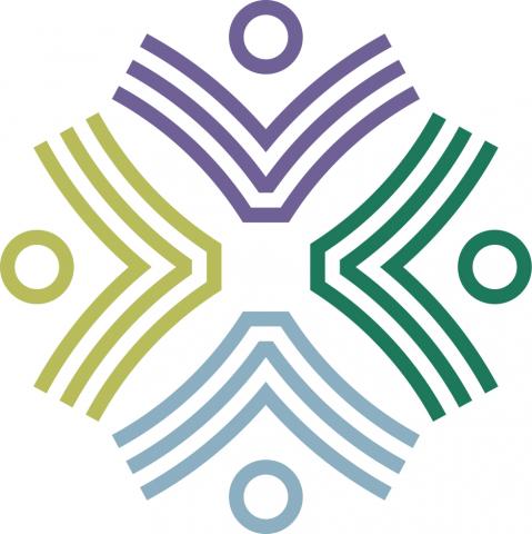 Library's logo: purple, green, light blue and green abstract readers arranged in a circle 