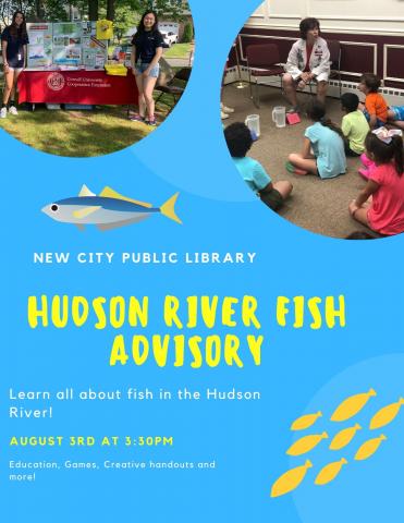 Photo showing display table of Hudson River facts & kids doing experiments