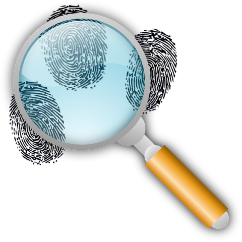 magnifying glass hovers over three fingerprints