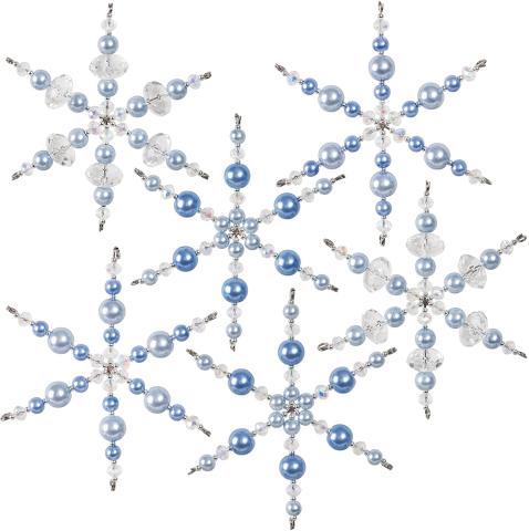 Six ornaments each with six prongs strung with clear, silver and blue beads 