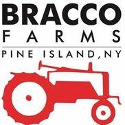 The Bracco Farms logo with the name at the top in black and an outline of a tractor in red beneath. 