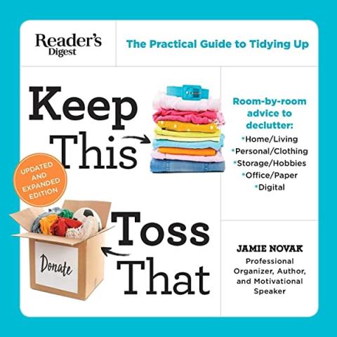 book cover for 'keep this, toss that' by Jaime Novak. There is a blue border, the title text, and an image of folded clothes and a cardboard box.