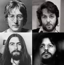 four tiled black and white photographed portraits, each of one of the beatles