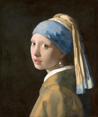 the famous painting Girl With a Pearl Earring. A young woman in a blue and yellow head piece looks over her shoulder at the viewer, a pearl earring hangs from one ear