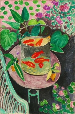 colorful and whimsically color version several gold fish in a cylindrical bowl surrounded by greenery