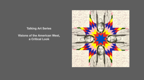 A gray square that has the writing 'Visions of the American West: A Critical Look' on one side and art piece on the other depicting and a Native American man in traditional dress placed four times around a repeating brightly colored pattern in a circle. 