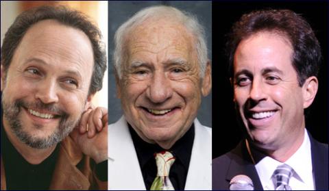 color photo of billy crystal, mel brook, and jerry seinfeld