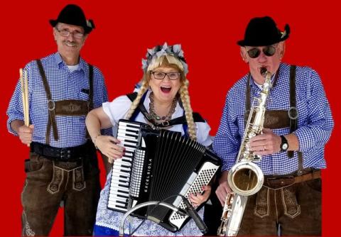 Color photo of a three piece band, including an accordion player in front of a red backdrop. 