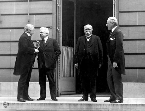 "The Big Four" during the Paris Peace Conference (from left to right, David Lloyd George, Vittorio Orlando, Georges Clemenceau, Woodrow Wilson).