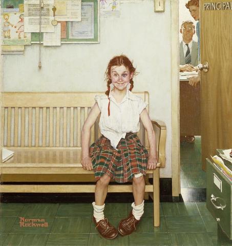 Norman Rockwell painting 'Back to School' depicting a young girl in a school uniform with a black eye, grinning at the viewer as she sits outside the principal's office 